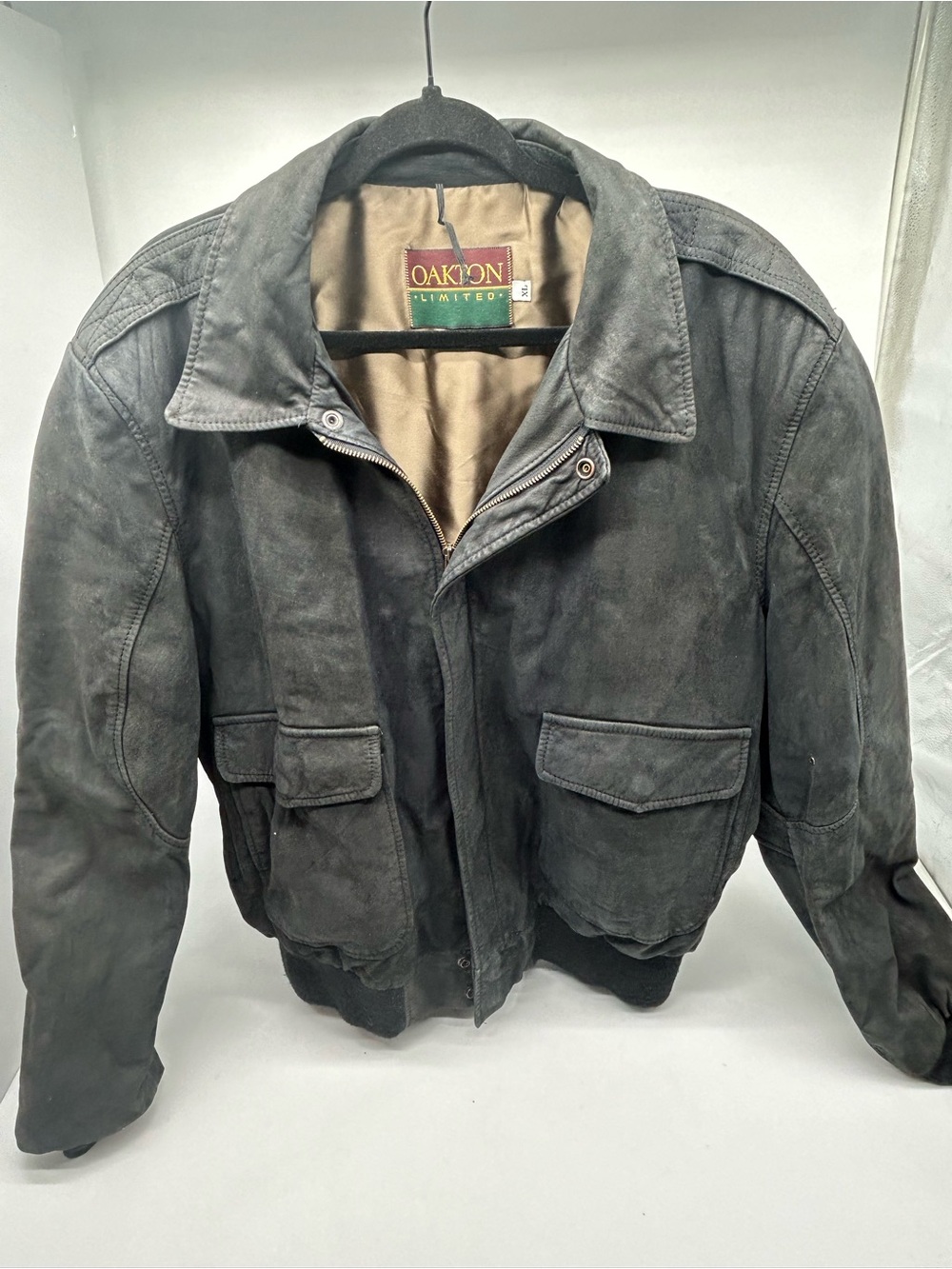 Oakton Vintage Black Distressed Leather Bomber Jacket size XL